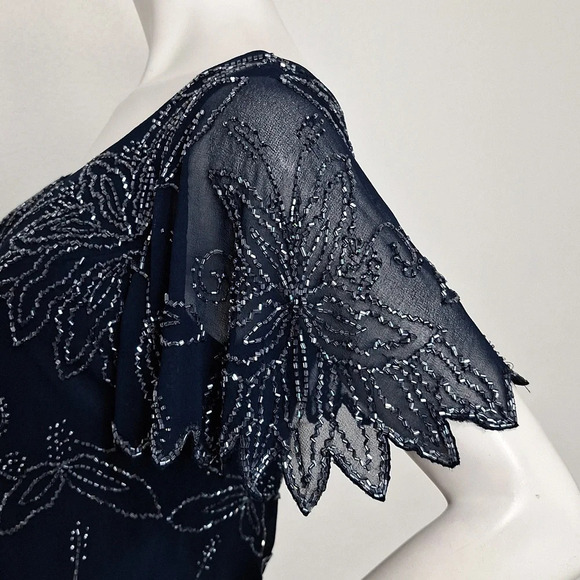 J Kara "NEW" Blue Short Flutter Sleeve Romantic Beaded Long Maxi Dress Size 6 - Picture 7 of 12